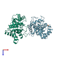 PDB entry 3rpt coloured by chain, top view.