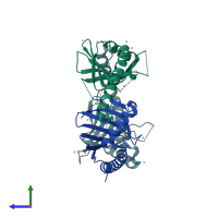 PDB entry 3rpx coloured by chain, side view.