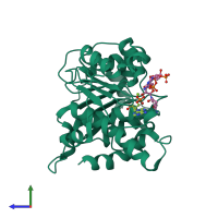 PDB entry 3rpz coloured by chain, side view.