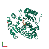 PDB entry 3rq5 coloured by chain, front view.
