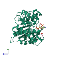 PDB entry 3rq5 coloured by chain, side view.