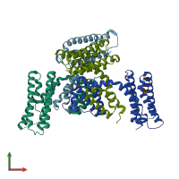 PDB entry 3rqe coloured by chain, front view.