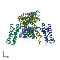 PDB entry 3rqg coloured by chain, front view.