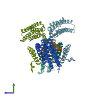 PDB entry 3rqg coloured by chain, side view.