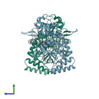 PDB entry 3rqk coloured by chain, side view.