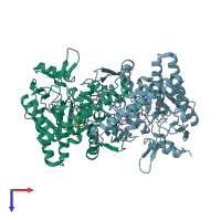 PDB entry 3rqk coloured by chain, top view.