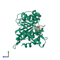 PDB entry 3rqq coloured by chain, side view.