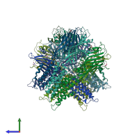 PDB entry 3rqu coloured by chain, side view.