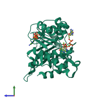 PDB entry 3rqx coloured by chain, side view.