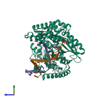 PDB entry 3rr8 coloured by chain, side view.