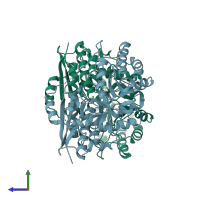 PDB entry 3rra coloured by chain, side view.