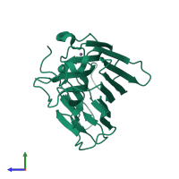 PDB entry 3rrd coloured by chain, side view.
