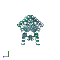 PDB entry 3rru coloured by chain, side view.