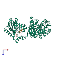 PDB entry 3rsf coloured by chain, top view.