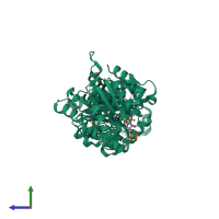 PDB entry 3rsg coloured by chain, side view.