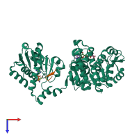 PDB entry 3rsg coloured by chain, top view.
