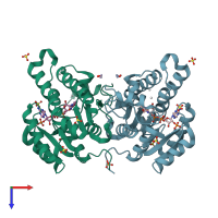 PDB entry 3rsh coloured by chain, top view.