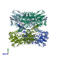 PDB entry 3rsz coloured by chain, side view.