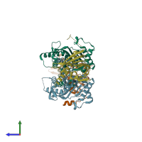 PDB entry 3rt0 coloured by chain, side view.