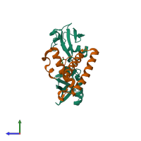 PDB entry 3rt3 coloured by chain, side view.