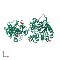 PDB entry 3rt9 coloured by chain, front view.