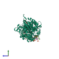 PDB entry 3rt9 coloured by chain, side view.