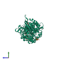 PDB entry 3rta coloured by chain, side view.