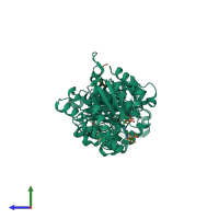 PDB entry 3rtc coloured by chain, side view.