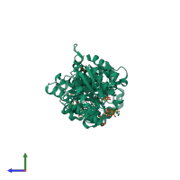 PDB entry 3rtg coloured by chain, side view.