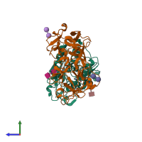 PDB entry 3rti coloured by chain, side view.