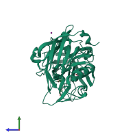 PDB entry 3rtm coloured by chain, side view.