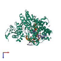 PDB entry 3rtv coloured by chain, top view.