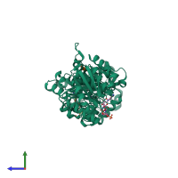 PDB entry 3ru2 coloured by chain, side view.