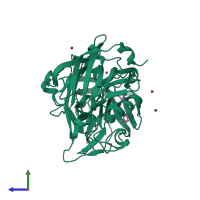 PDB entry 3rvi coloured by chain, side view.