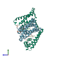 PDB entry 3rvy coloured by chain, side view.