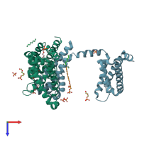 PDB entry 3rvz coloured by chain, top view.