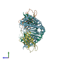 PDB entry 3rwd coloured by chain, side view.