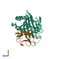 PDB entry 3rwf coloured by chain, side view.