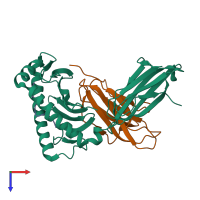 PDB entry 3rwf coloured by chain, top view.