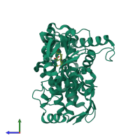 PDB entry 3rwl coloured by chain, side view.