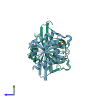 PDB entry 3rwo coloured by chain, side view.