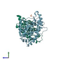 PDB entry 3rwv coloured by chain, side view.