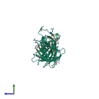 PDB entry 3rwx coloured by chain, side view.