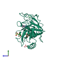 PDB entry 3rxa coloured by chain, side view.