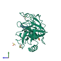 PDB entry 3rxi coloured by chain, side view.