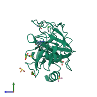 PDB entry 3rxj coloured by chain, side view.