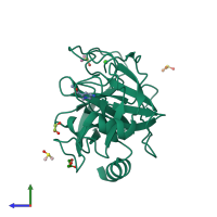 PDB entry 3rxk coloured by chain, side view.