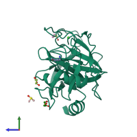 PDB entry 3rxl coloured by chain, side view.