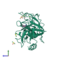 PDB entry 3rxs coloured by chain, side view.