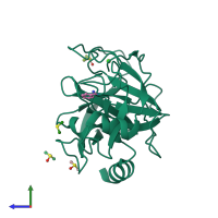 PDB entry 3rxu coloured by chain, side view.